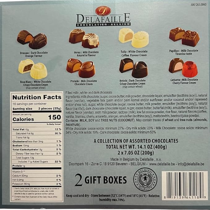 Delafaille Belgian Chocolate Gift Boxes Assorted Chocolates 2 Boxes 14.1 oz(400g) Made in Belgium