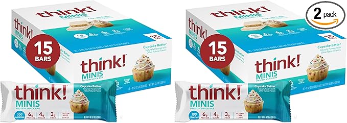 think! MINIS Protein Snack Bars Gluten Free Cupcake Batter 15 Count (Pack of 2)