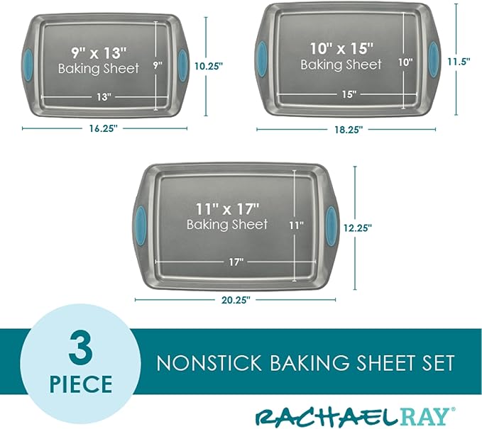 Rachael Ray Bakeware Nonstick Cookie Pan Set 3-Piece Gray with Agave Blue Grips
