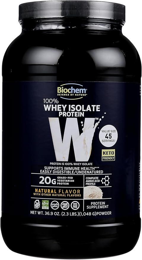 Biochem 100% Whey Isolate Protein - Natural Flavor - 20g of Protein - Pre &amp Post Workout - Meal Replacement - Keto-Friendly - Easily Digestible - Silky Smooth Taste - Easy to Mix (36.9 oz)