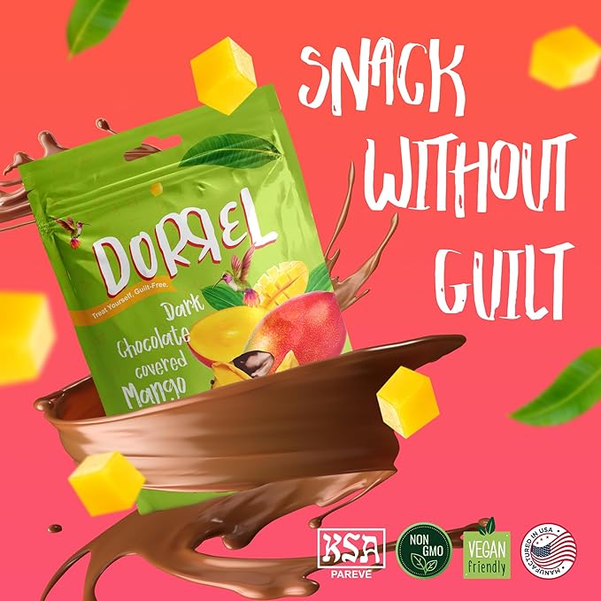 DORREL - Belgian Dark Chocolate Covered Mango Slices High Energy Vegan Choco Snack Delicious Kosher &amp Non-GMO Pack of 1 Dark Chocolate Fruit Bites 8.8 oz / 250 g Ea