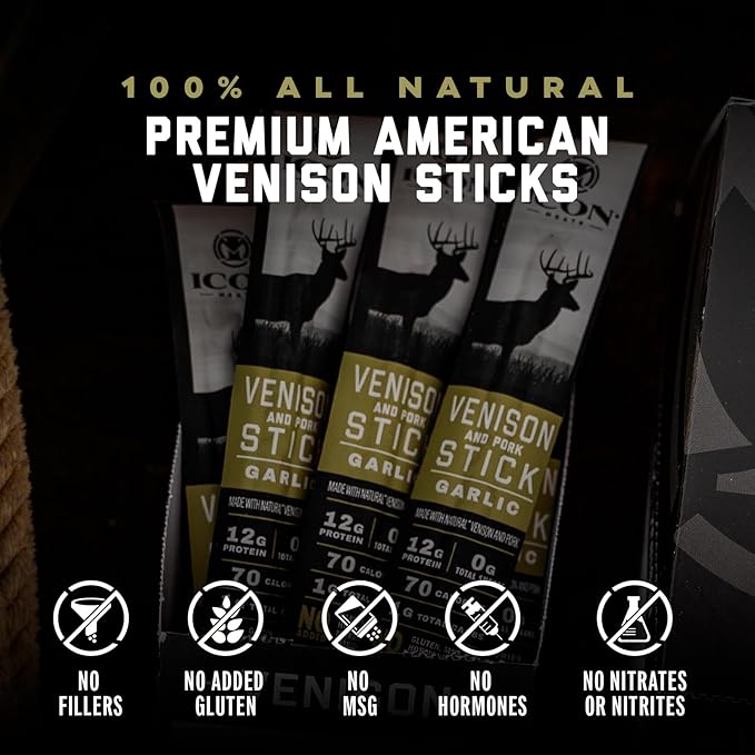 ICON Meats Venison and Pork Snack Sticks Garlic Flavor 24 Pack High Protein Snacks Sugar Free Natural Jerky Meat Sticks Gluten Free USDA Inspected Made in the USA Gifts for Him