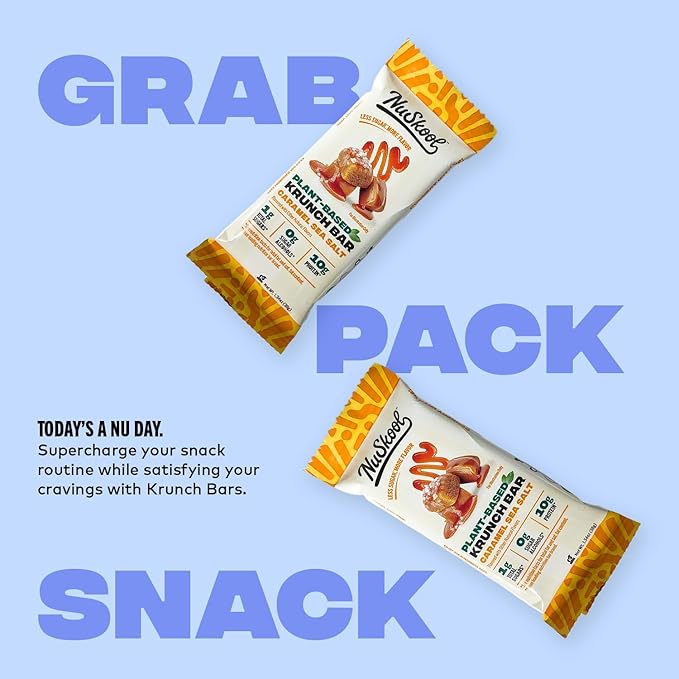 NuSkool Keto Friendly Krunch Bars - 7g Fiber 10g Plant-Based Protein 3g Net Carbs - Gluten-Free Non-GMO Vegan (12 Count Caramel Sea Salt)