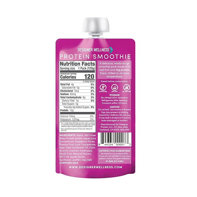 Designer Wellness Protein Smoothie Real Fruit 12g Protein Low Carb Zero Added Sugar Gluten-Free Non-GMO No Artificial Colors or Flavors Raspberry Passion Fruit 12 Count