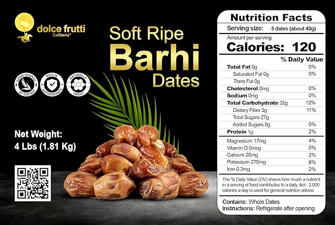 Dolce Frutti's Soft Ripe Barhi Dates– 4 Lbs –Fresh Dates Gift Box &amp Regular Packaging Perfect for Holidays Birthdays Anniversaries Get-Well and Sympathy Gifts