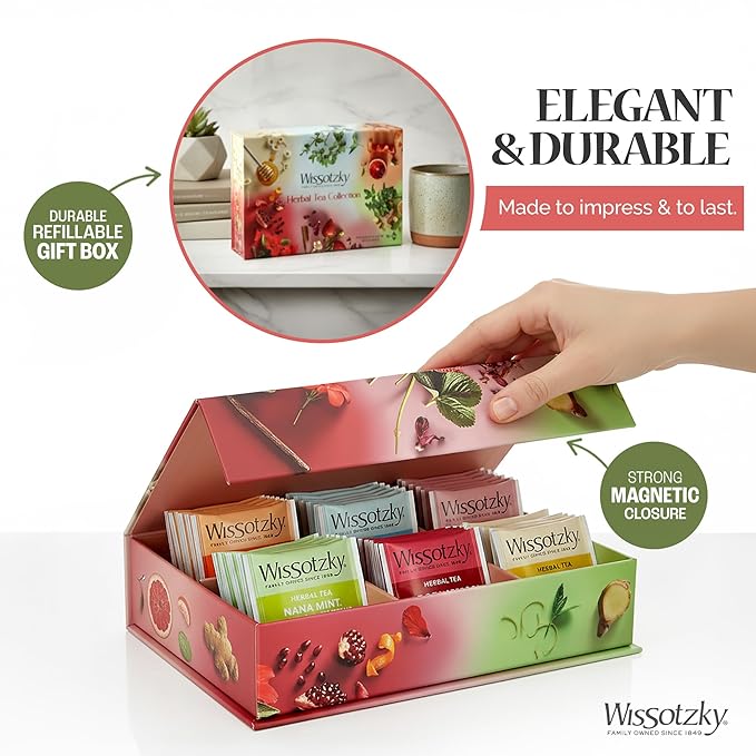 Wissotzky Herbal Tea Variety Pack Sampler (42 Tea Bags) in a Premium Reusable Gift Box | Valentines Day Gift | Caffeine-Free | 6 Exciting Flavors | Individually Wrapped Tea Bags | Ideal Present for Ho