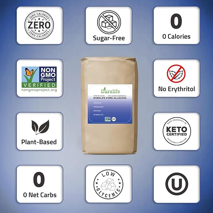 Durelife Allulose sweetener 55 lb 100% Pure No Erythritol powdered Sugar Substitute NON-GMO Project Verified Keto Certified OU kosher No Fillers Zero Calories sugar alternative 55 Lbs Bulk Bag
