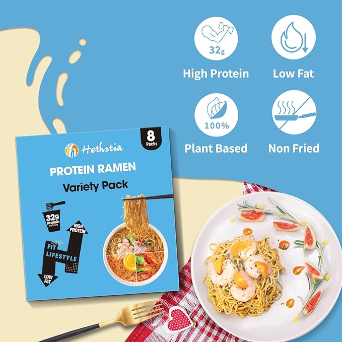 Hethstia High Protein Ramen &amp Konjac Jelly Variety Bundle – Plant-Based Protein Ramen Cups with Low-Calorie Drinkable Konjac Jelly Snacks Vegan Non-Fried Sugar-Free Healthy Meal &amp Snack Co