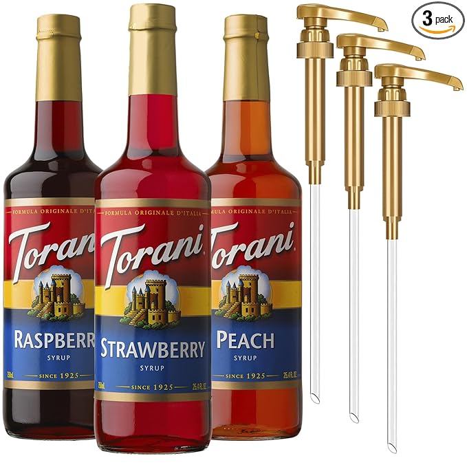 Torani Strawberry Peach and Raspberry Syrup for Drinks Variety 3-Pack Flavoring for Iced Tea Lemonade and Sodas Pumps Included 25.4 Oz Ea