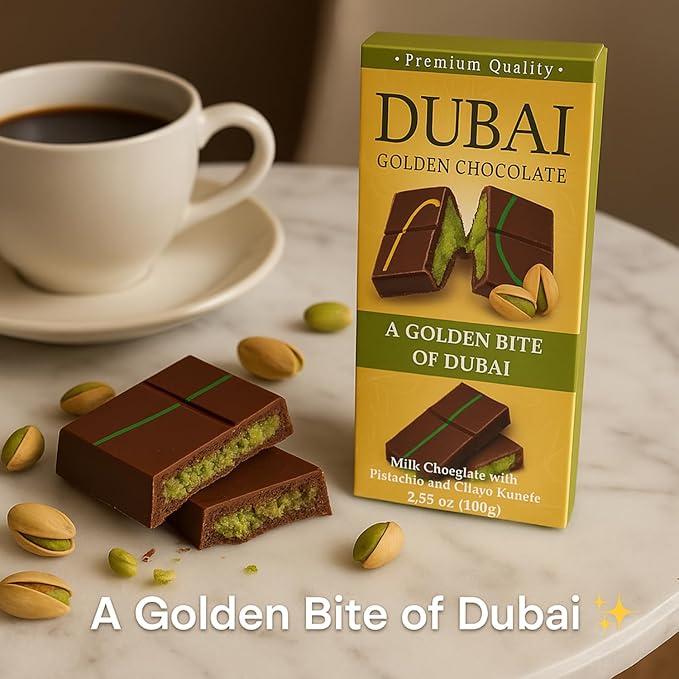 Zimply Foods 2 Packs Each 3.53 Oz Dubai Chocolate Bars - Luxurious Milk Chocolate with Pistachio and Crispy Kunefe Middle Eastern-Luxury Artisan Pistachio Dubai Choclate Gift for Gifting. Premium Qua