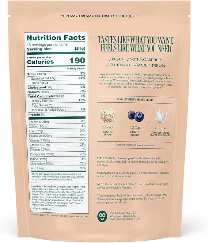 Coolside Superfood Vegan Protein Powder – Vanilla | 20g Plant Based Protein Supergreens Superfoods &amp Prebiotics | Rich and Delicious | Low Sugar | All in One | Whey Free | 15 Servings (27oz)