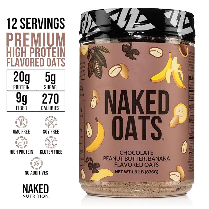 Naked Oats - Chocolate PB Banana Overnight Oats 20g Whey Protein Gluten-Free Oatmeal Instant Breakfast or Shake High Protein Oatmeal High Fiber Breakfast Shake Non GMO No Soy - 12 Servings