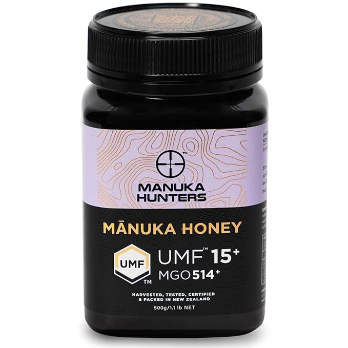 Manuka Hunters UMF 15+/MGO 514+ Certified New Zealand Manuka Honey - 100% Pure Natural Sweetener - Gluten Dairy Free - Ideal for Tea Coffee Smoothies and Baking - Sustainable - 1.1lbs/500g Jar