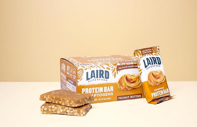 Laird Superfood Functional Protein Bars – Protein Bar but Better with Real Ingredients Functional Mushrooms 10g Plant-Based Protein 6g Fiber - Non-GMO - Peanut Butter 10 Count (Pack of 1)