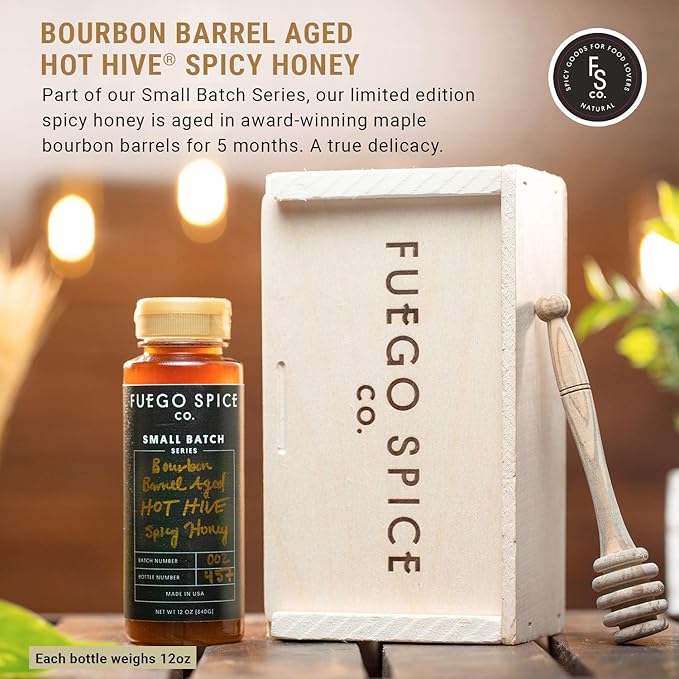 HOT HIVE Bourbon Barrel-Aged Spicy Honey by Fuego Spice - Custom Hot Sauce Gift Set Box - Aged in Award-Winning Bourbon Barrels with Organic Carolina Reaper - 12 oz. - Heat Level: Mild