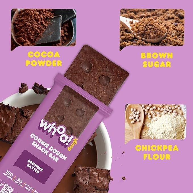 Whoa Dough Edible Cookie Dough Bars- Certified Non-GMO Kosher and Gluten Free Bars - Healthy Snack Foods - Plant Based Snacks Made With Real Ingredients - Brownie Batter Cookie Dough - 4 Pack