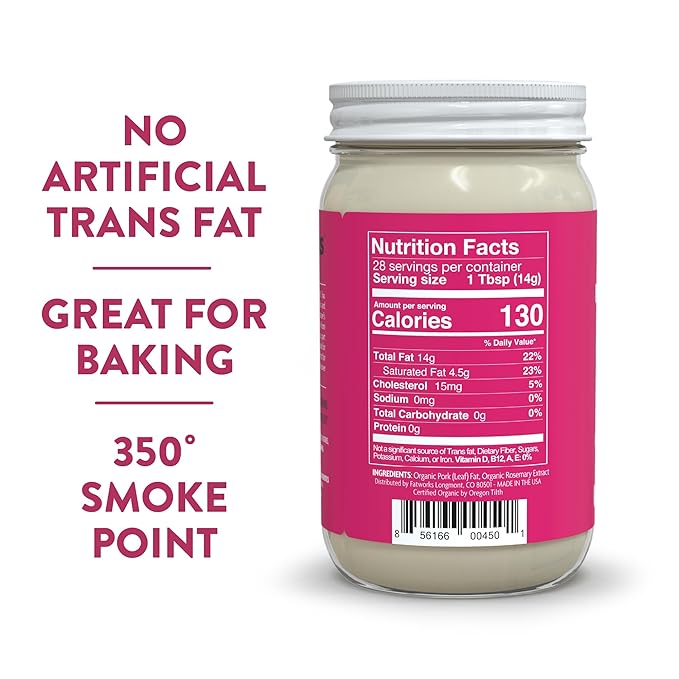 Fatworks Certified Organic Leaf Lard NON-GMO USDA 100% Organic for Amazing Traditional Baking Keto Paleo Everyday Cooking and Frying Whole30 Approved No Preservatives in Glass Jar 14 OZ