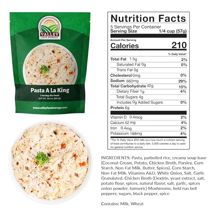 Valley Food Storage Pasta A La King | 10-Bag Bucket 50 Servings | Non-GMO Premium Emergency Food Supply 25 Year Shelf Life | Survival Meal Kits Prepper Food &amp Off-Grid Living Supplies Packaged