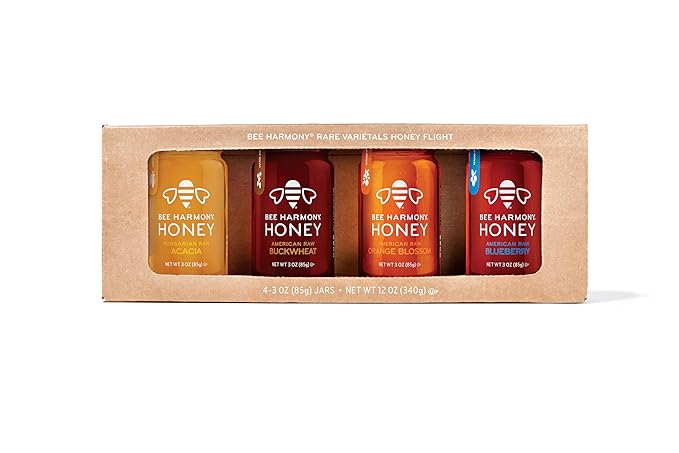 Bee Harmony Rare Varietals Honey Flight Mini Honey Gift Set 4 Jars 3 OZ Each Premium Raw (Acacia Buckwheat Blueberry Blossom Orange Blossom)