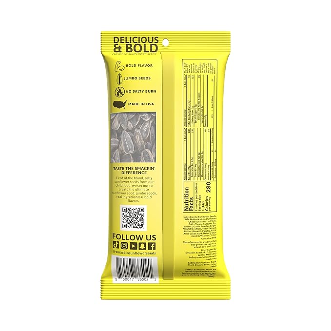 SMACKIN' Sunflower Seeds Roasted Jumbo Small-Batch American Made - Garlic Parmesan. 1.5oz bags (36 Pack)