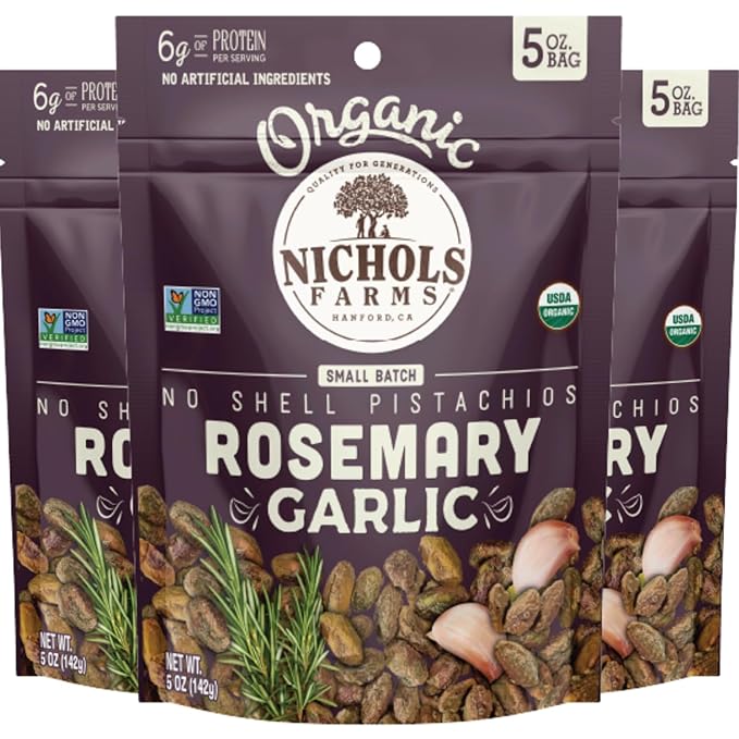 Nichols Farms Roasted with Sea Salt No Shell Pistachios Kosher USDA Certified Organic Non-GMO 6 Oz (Pack of 3)