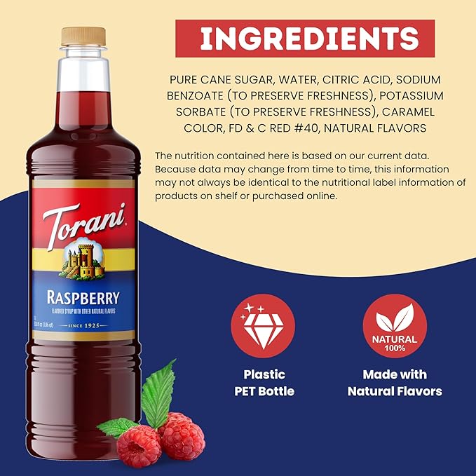 Torani Raspberry Syrup 1 Liter Bottle with Pump – Premium Sweet &amp Tart Berry Flavoring with Pure Cane Sugar for Coffee Lemonade Iced Tea Italian Sodas Cocktails &amp Desserts