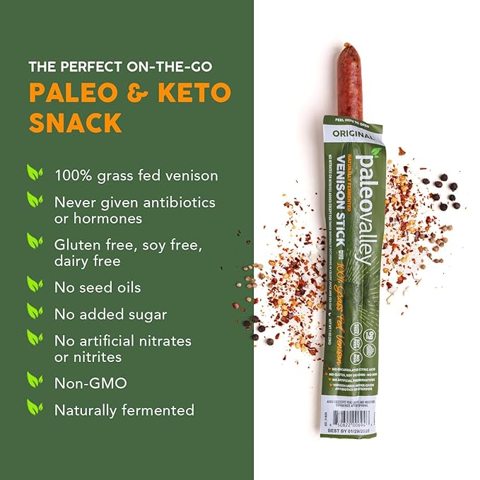 Paleovalley 100% Grass Fed Venison Sticks – 10 Pack – Keto-Friendly High Protein Low-Calorie Snack – Omega-3 Rich Gluten-Free Nitrate-Free Naturally Flavored – Healthy On-the-Go Meat Snack