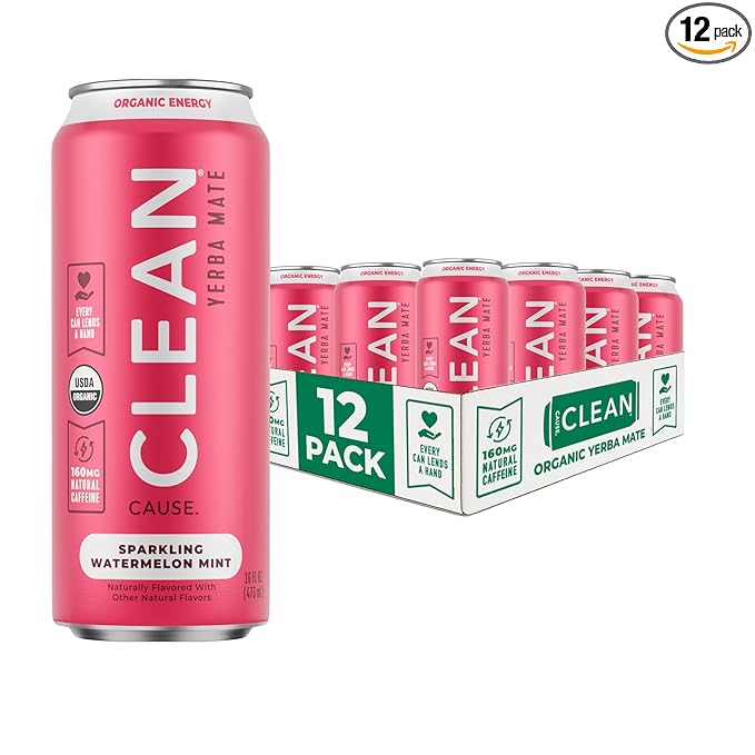 CLEAN Cause Low Calorie Watermelon Mint Sparkling Yerba Mate Tea 160mg Caffeine Organic Low Sugar Healthy Alternative to Energy Drinks (16oz cans 12-Pack Case)