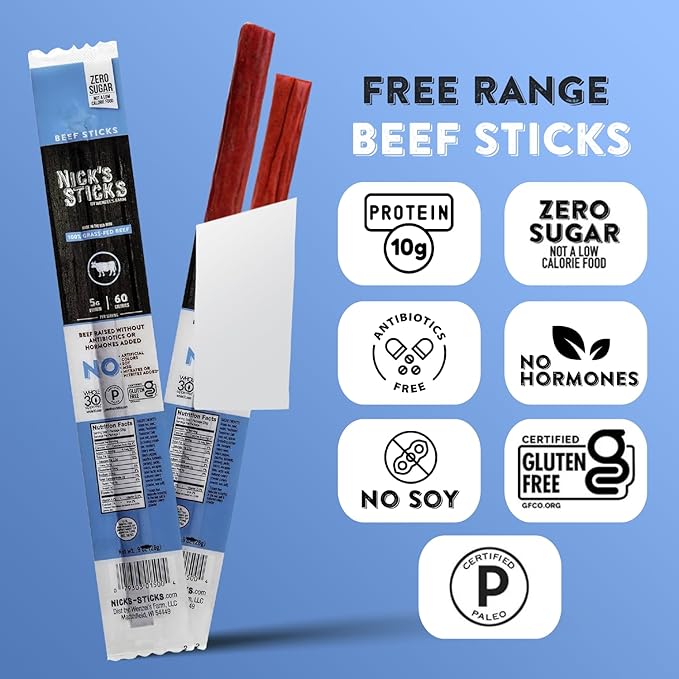 Nick's Sticks Clean &amp Balanced 100% Grass-Fed Beef Snack Sticks | Made in the USA | Gluten Free | Paleo Keto Whole30 Approved | No Soy Antibiotics or Hormones (12 – 1.7oz. Packages of 2 Sticks)