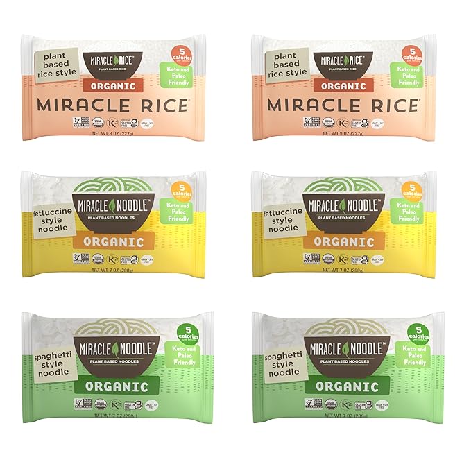 Miracle Noodle Organic Variety Pack (Pack of 6) Spaghetti Fettuccine Rice Plant Based Shirataki Konjac Noodles 5 Calories 1g Net Carbs Per Serving Keto Gluten-Free