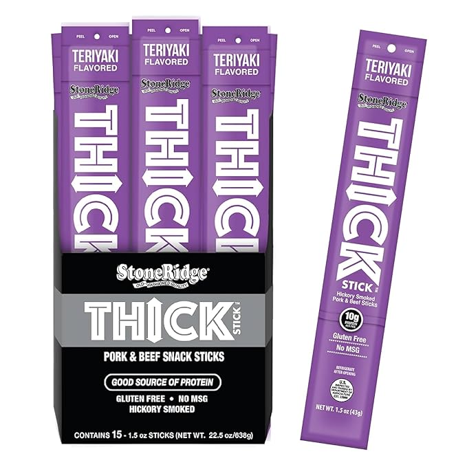 THICK STICK - STONERIDGE OLD-FASHIONED QUALITY TERIYAKI - Hickory Smoked Pork and Beef Snack Sticks Gluten Free No MSG 15 Count THICK 1.5 oz Sticks High Protein Soy Free 15 Count