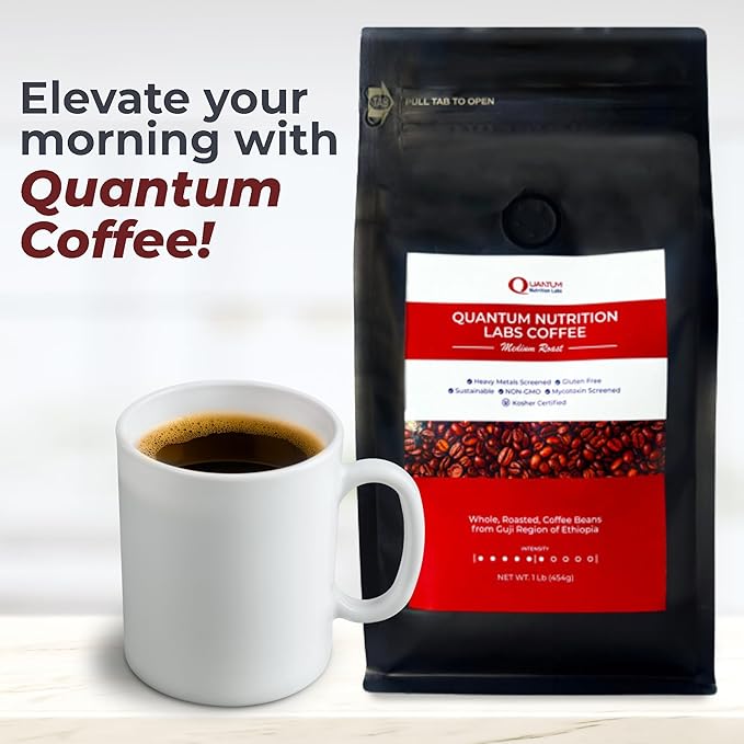 Quantum Organic Whole Roasted Coffee Beans - Medium Roast From Guji Region of Ethiopia Crafted for Optimal Health Benefits Sweet &amp Fruity Well-Balanced Gluten Free Sustainable Non-GMO - 1 P