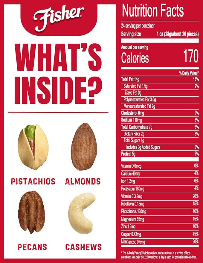 Fisher Oven Roasted Never Fried Deluxe Mixed Nuts 24 Ounces (Pack of 1) Almonds Cashews Pecans Pistachios Healthy Snacks for Adults Made With Sea Salt No Added Oil Trail Mix Gluten Free