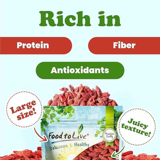 Food to Live Goji Berries 3 Pounds Sun-Dried Large and Juicy Unsweetened Vegan Bulk. High in Iron Vitamins A and C. Fruit Snack. For Baked Goods Tea Smoothie Yogurt Oatmeal