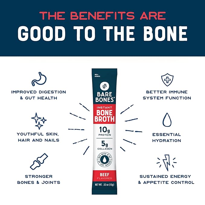 Bare Bones Beef Bone Broth Instant Powdered Mix Packets | 5g Collagen | 10g Protein | Keto &amp Paleo Friendly | No Artificial Flavors | Rich Savory on-the-go 16 Pack
