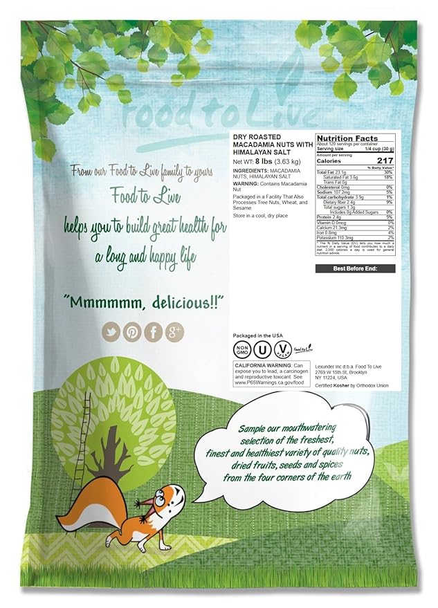 Food to Live Dry Roasted Macadamia Nuts with Himalayan Salt 8 Pounds – Oven Roasted Whole Nuts Lightly Salted No Oil Added Vegan Snack Keto Kosher Bulk. High in Protein. Great for Baking
