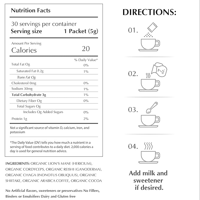 Sporganix Organic Mushroom Coffee – Instant Arabica with 5 Functional Mushrooms (Lion’s Mane Reishi Chaga Cordyceps Shiitake) – Unsweetened Medium Roast 30 Servings for Focus &amp Energy