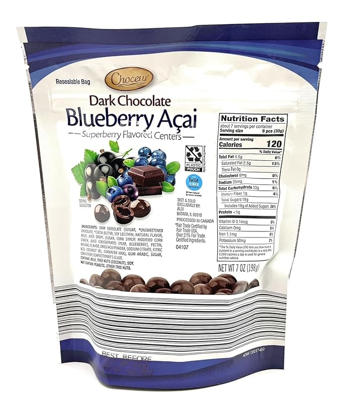 Superberry Blueberry Acai Dark Chocolate Bonbons – 2-Pack 7oz Resealable Bags (14oz Total) – Fair Trade Premium Dark Chocolate with Soft Blueberry Acai Center No Artificial Colors or Flavors