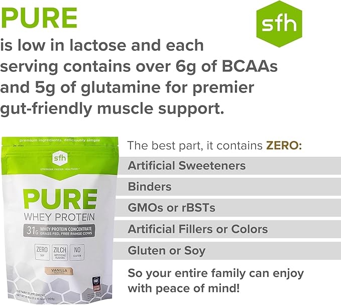 SFH Grass Fed Whey Protein Powder | Natural Whey Protein Concentrate | Non-GMO Soy-Free No Artificial Flavors | Protein Powder for Muscle &amp Recovery | Vanilla | Pack of 1