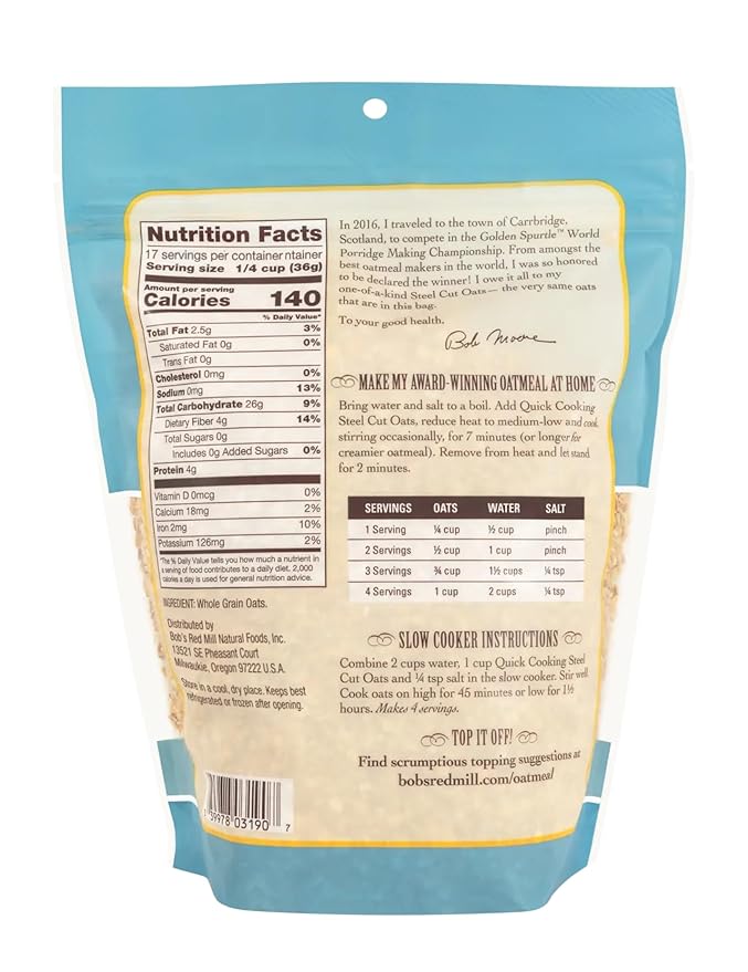 Bob's Red Mill Quick Cooking Steel Cut Oats 22oz (Pack of 4) - Non GMO Whole Grain Vegan Kosher