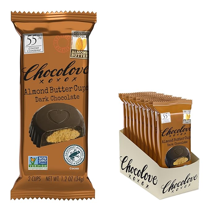 Chocolove Almond Butter Cups in Dark Chocolate | 55% Cocoa | Creamy &amp Rich | Crafted with Belgian Dark Chocolate | Non-GMO 1.2 oz per pack (10 2-packs)