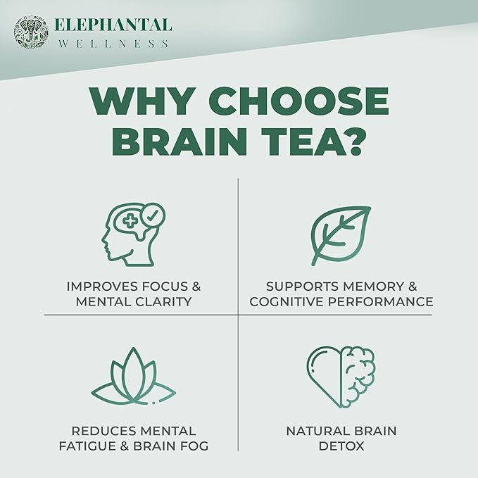 Elephantal Wellness Premium Brain Herbal Tea | Nootropic Focus &amp Mental Clarity with Ginkgo Bacopa Gotu Kola &amp Rosemary | Non-GMO Caffeine-Free Coffee Alternative Handmade Loose Leaf Blend