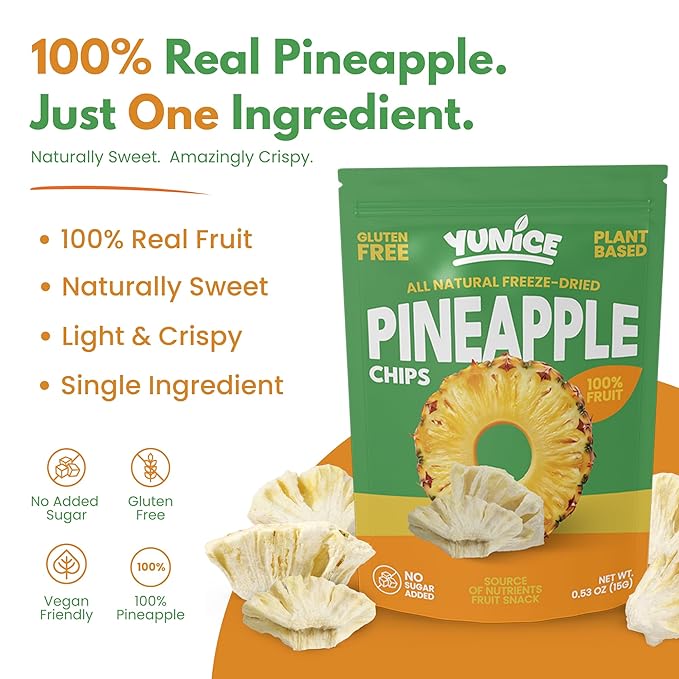 YUNiCE Freeze-Dried Pineapple Chips 100% Real Fruit Snack No Sugar Added Gluten Free Plant Based Crispy pineapple chunks organic pineapple PINEAPPLE 0.70 Ounce (Pack of 12)