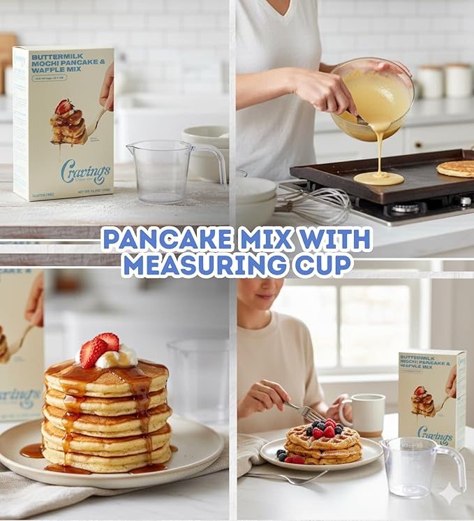 Butter Milk Pancake – 2x Buttermilk Mochi Pancake and Waffle Mix – 14.2OZ Bundle with 1 Cup Plastic Clear Measuring Cup – Rice Flour Blend with Buttermilk for Pancakes and Waffles – Gift Set (3 Items)