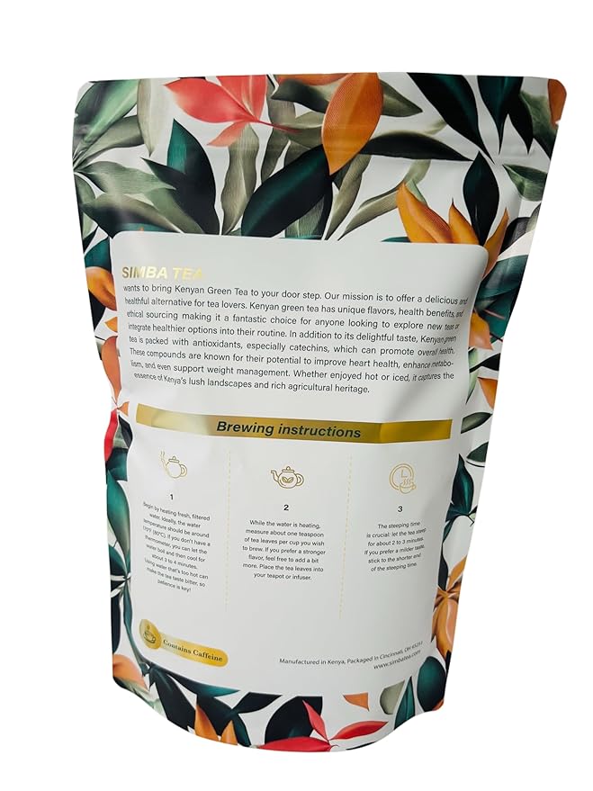 SIMBA TEA | Natural Kenyan Premium Loose Leaf Green Tea | Antioxidant Rich | Resealable bag | Caffeine | 16oz