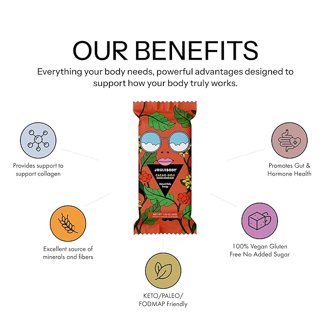 Joulebody Cacao Goji Good Mood Bars Meal Replacement Bars Plant Based Gluten-Free Organic Ingredients 10 Bars per Box