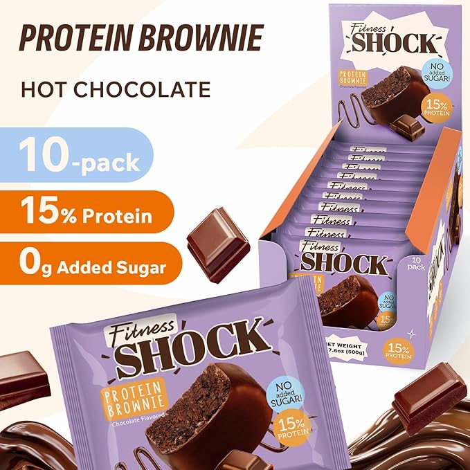 FitnesSHOCK Protein Brownies – Dark Chocolate Dessert Bars – Low Sugar Dessert Snack (2g Total Sugar No Added Sugar) – Healthy Snack – 10 Count