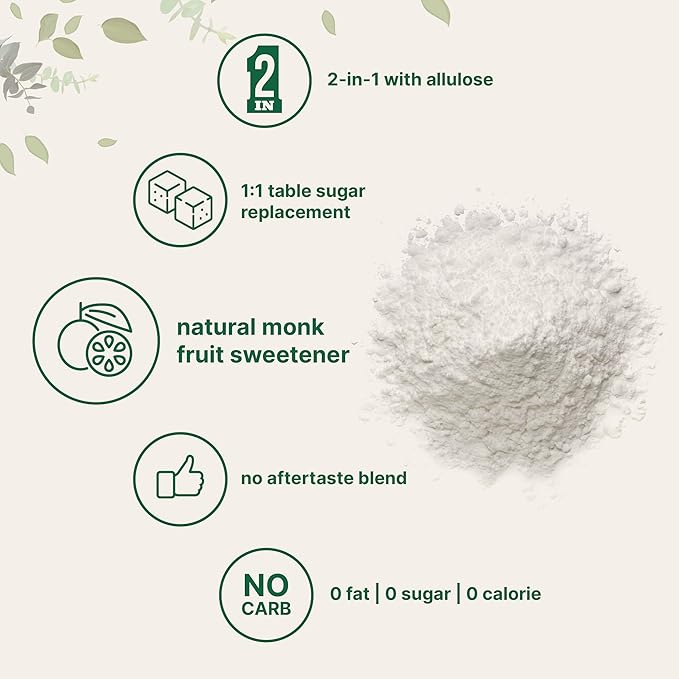 Monk Fruit Sweetener with Allulose 2 lbs | No Erythritol | No Aftertaste 1:1 White Sugar Substitute Keto &amp Vegan Friendly Zero Calorie | Great for Drinks Coffee Tea Cookies | Non-GMO