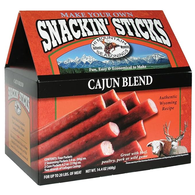 Hi Mountain Seasonings ǀ Snack Stick Seasoning Kit ǀ CAJUN BLEND ǀ Includes Seasoning Cure Casings &amp Directions ǀ Seasons up to 20 lbs of Meat ǀ Beef Pork Venison Deer &amp Wild Game