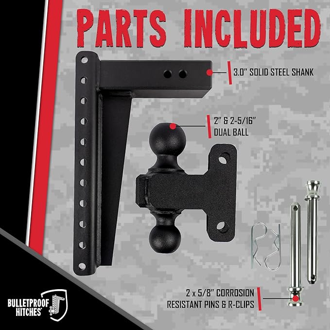 BulletProof Hitches - 3.0 Adjustable Heavy Duty Trailer Hitch (22000 lb. Rating) - 16 Drop/Rise Trailer Hitch with 2 &amp 2-5/16 Dual Ball - Powder Coat Solid Steel Corrosion-Resistant